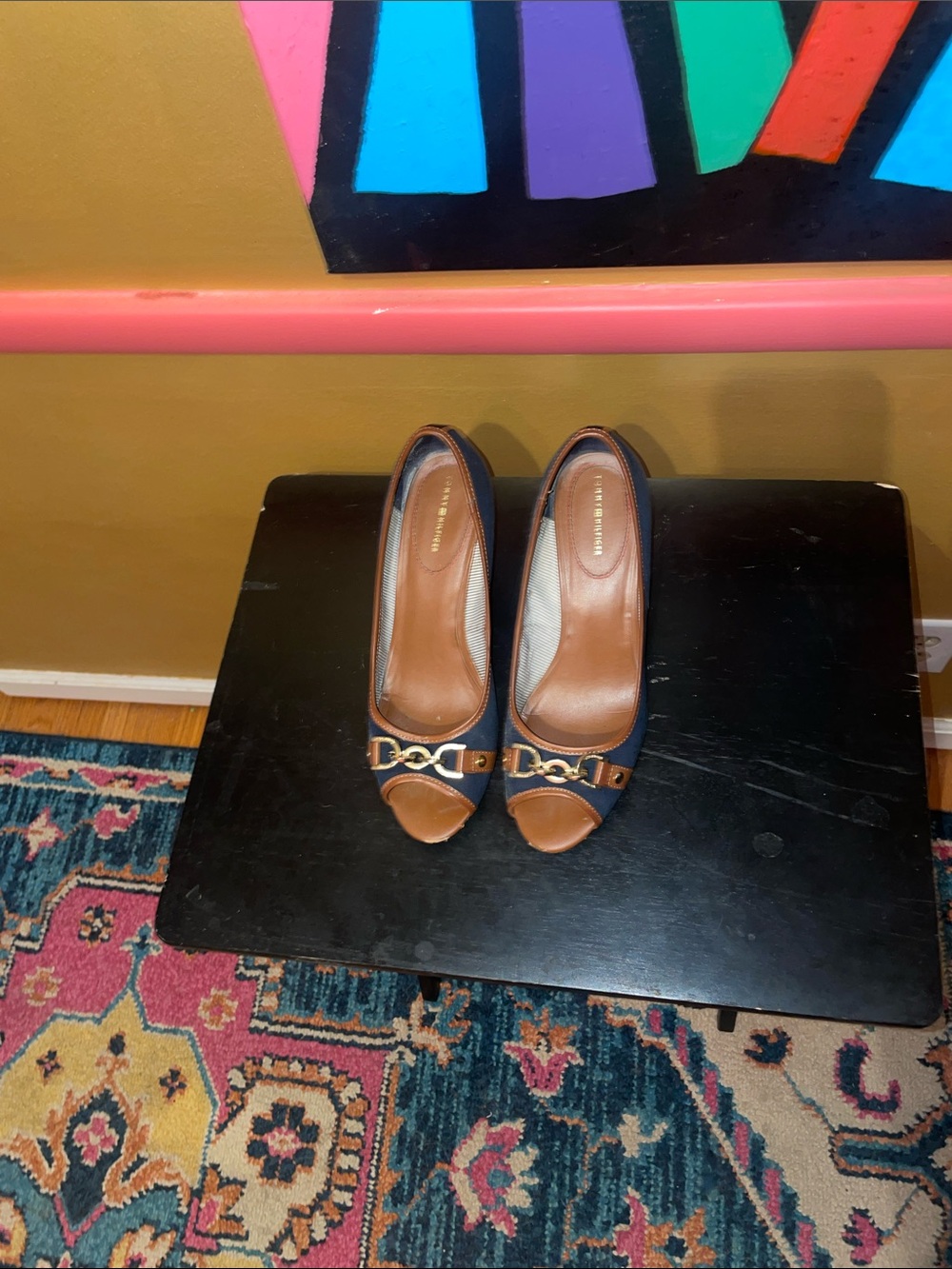 Tommy Hilfiger Navy and Brown Peep-Toe Heels with Gold Accent
